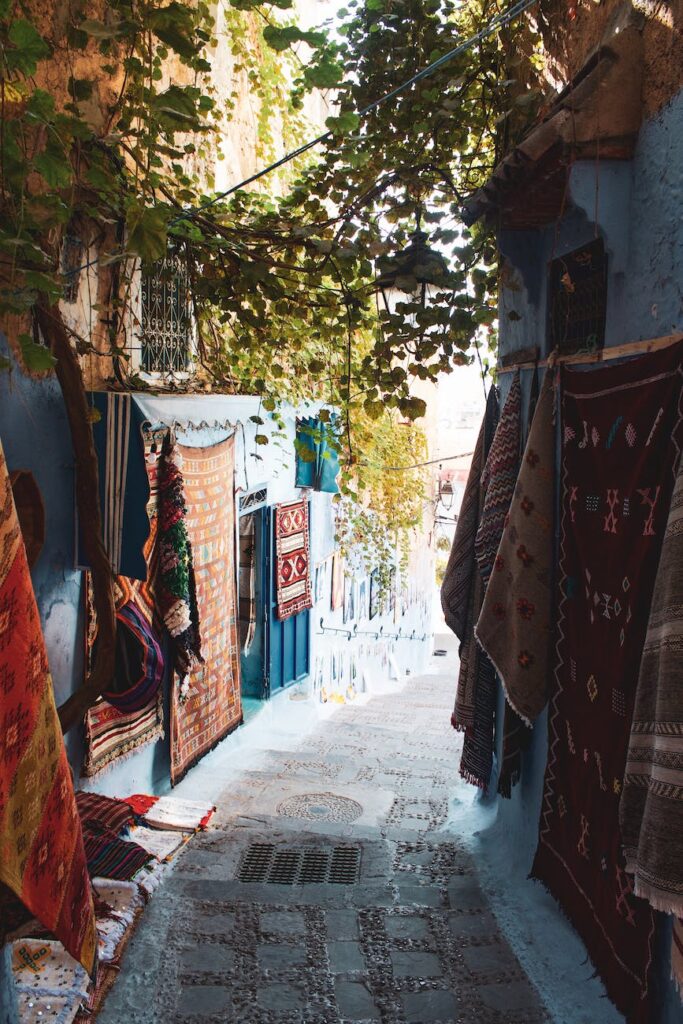 narrow alley in Chefchaouen, Morocco